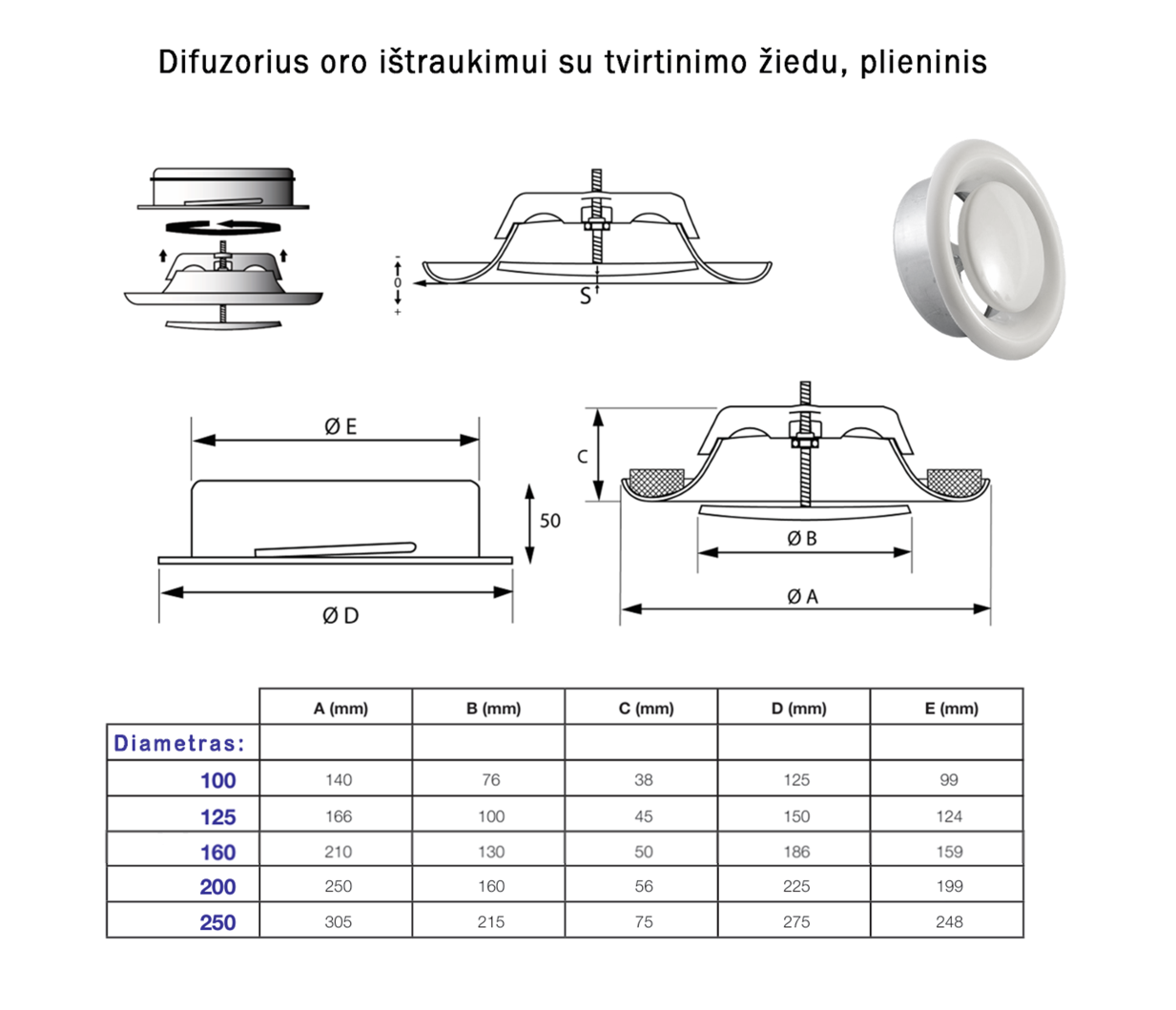 Difuzorius oro ištraukimui - techniniai duomenys