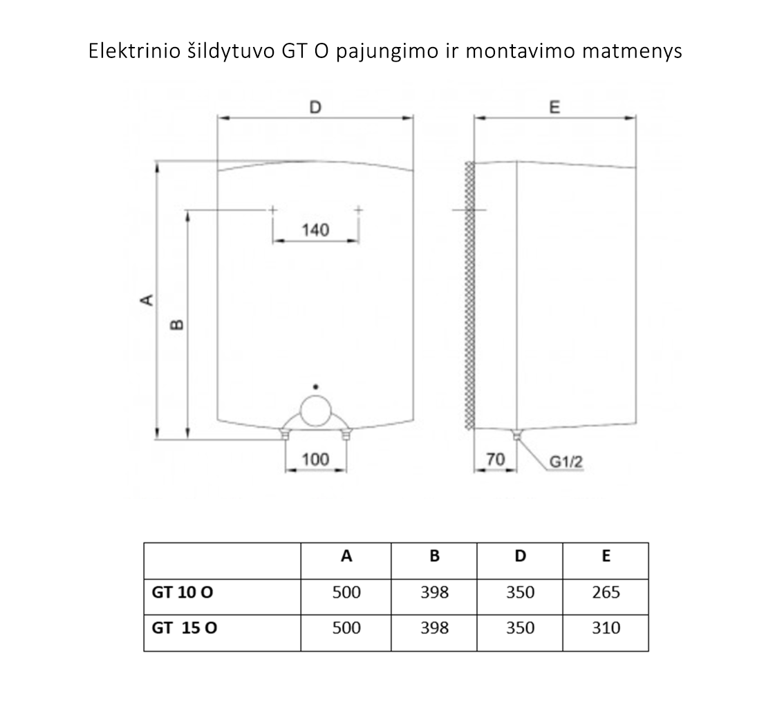 Elektrinis vandens šildytuvas GT_O - matmenys